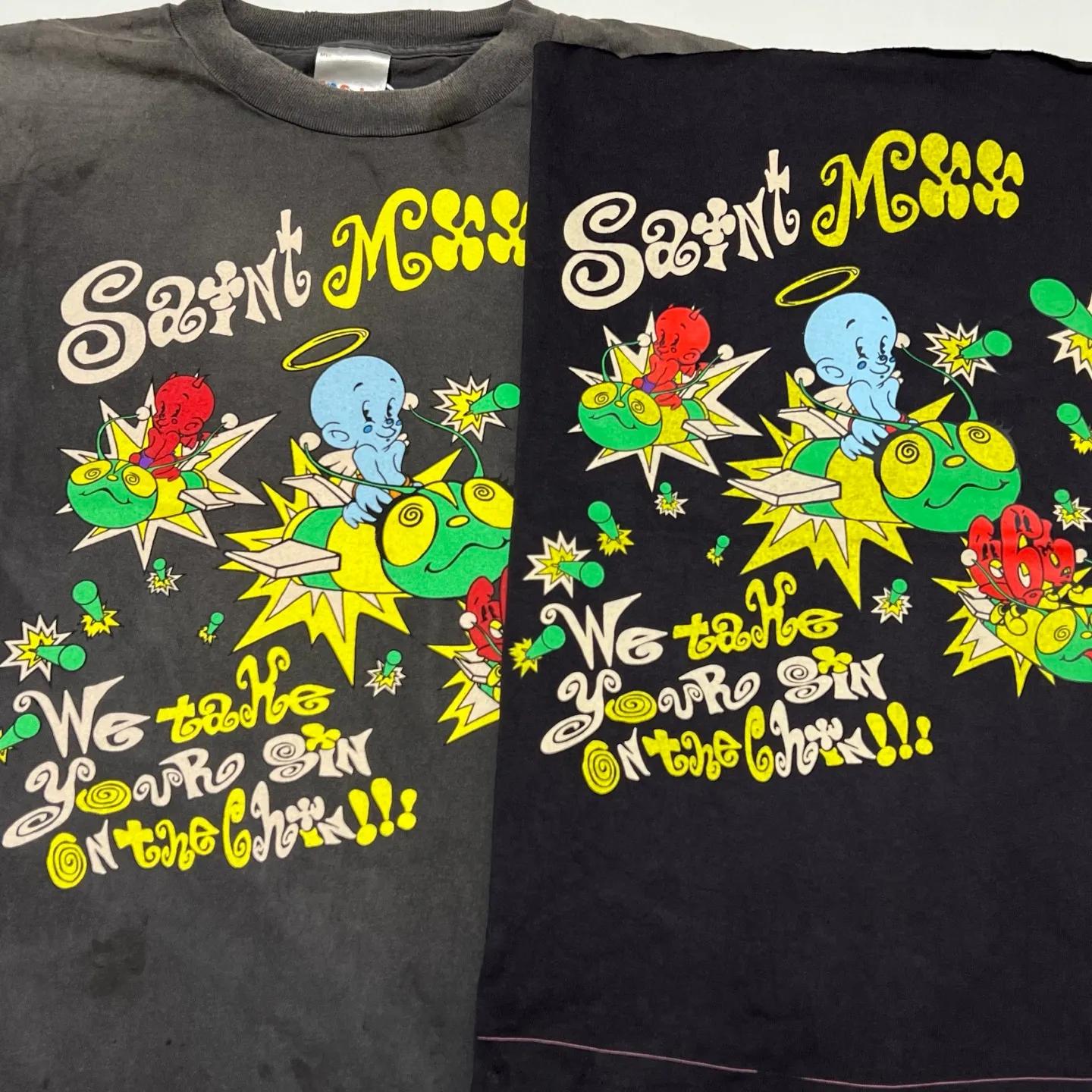 Printing proofing SAINT Mxxxxxx SS TEE/SAINT MX6/BLK Little devil bee distressed TEE Washed black S-XL Tube fabric Assute garment dyeing Rewashed and faded to make old holes Correct version Original consistent main mark/washed mark/cherub mark Original consistent printing restoration Distressed treatment Top purchasing level